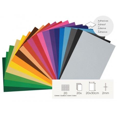 LÀMINES GOMA EVA ADHESIVES 20 x 30 CM. BOSSA 20 UNITATS ASSORTIDES
