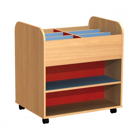 CARRO PER LLIBRES. FUSTA FAIG COLORS. AMB RODES. 6 ESPAIS SUPERIOR I 5 ESPAIS LATERALS. 80 X 80 X 60 CM