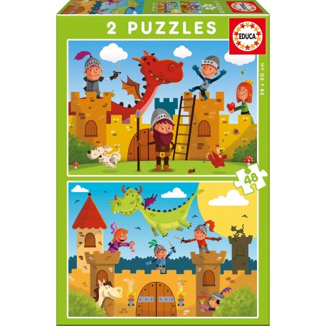 PUZZLE DRACS I CAVALLERS. 2 PUZZLES DE 48 PECES 28 X 20 CM.  JOGUINA A PARTIR DE 3 ANYS