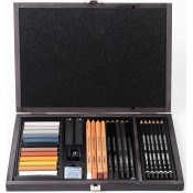 CAIXA FUSTA DIBUIX 31 PECES:12 PASTELS LLAPIS SANGUINA SEPIA ETC