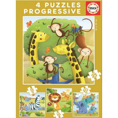 ANIMALS SALVATGES. 4 PUZZLES PROGRESIUS 12 / 16 / 20 / 25 PECES + 3 ANYS