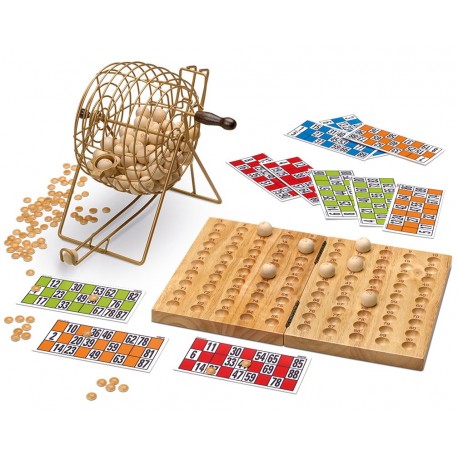 LOTERIA LUXE.  BOMBO METÀL·LIC I BOLES FUSTA DE 2,2 CM DIÀMETRE, AMB NÚMEROS GRAVATS.  JOGUINA A PARTIR DE 6 ANYS