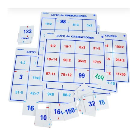 LOTO OPERACIONS.  9 TAULERS I 72 FITXES DE PLÀSTIC PER MULTIPLICAR I DIVIDIR.  JOGUINA A PARTIR DE 7 ANYS