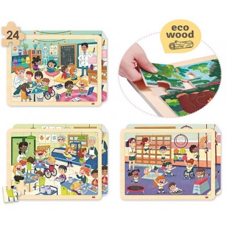 COLE INCLUSIU. SET 4 PUZZLES 24 PECES DE FUSTA + 4 POSTERS